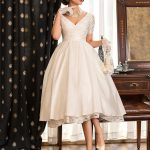 Vintage 1950s Style Tea Length Wedding Dress with Sleeves