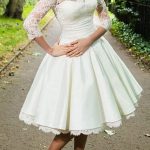 Graceful Bateau Knee-Length Ivory Lace Satin Wedding Dress with 3/4 Sleeves