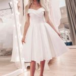 Off-Shoulder Pleated Knee-Length Ivory Satin A-Line Wedding Dress
