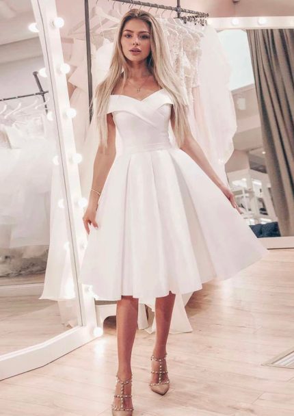 Off-Shoulder Pleated Knee-Length Ivory Satin A-Line Wedding Dress
