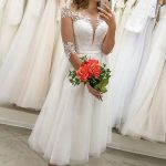 Illusion Neck Half Sleeve Tea-Length Wedding Dress with Lace Waistband