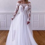Off-Shoulder Illusion Long Sleeve Sweep Tulle Lace A-Line Wedding Dress