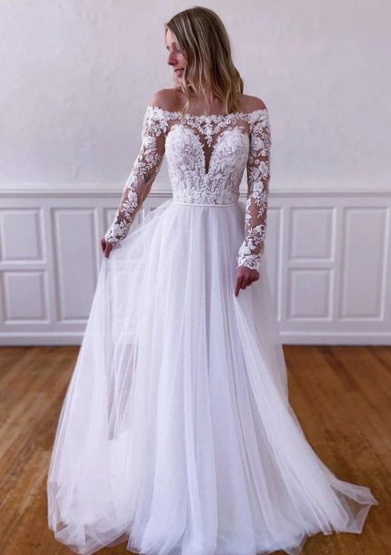 Off-Shoulder Illusion Long Sleeve Sweep Tulle Lace A-Line Wedding Dress