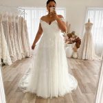 Off-Shoulder Floor Length Court Lace Tulle Plus Size Wedding Dress