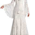 Stunning Boho Mermaid Wedding Dress with Long Bell Sleeves and V-Neckline