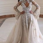High Collar Long Sleeves Beaded Backless Wedding Dress with Long Train