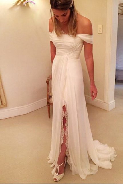 Off-the-Shoulder Long Chiffon Beach A-Line Wedding Dress
