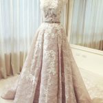Round Neck Sleeveless Ruched Lace Long Prom A-Line Wedding Dress with Belt