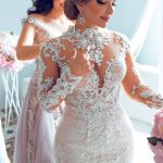 Tulle A-Line Wedding Dress with Small Round Collar Long Train and Beading Paillettes