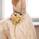 Tea-Length Plus Size Wedding Dress with V-Neck and Lace Sleeves