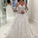 Elegant A-line V-neck Sheer Sleeve Chapel Train Tulle Wedding Dress