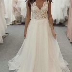 Long Lace Top Beach Wedding Dress with V-Neck