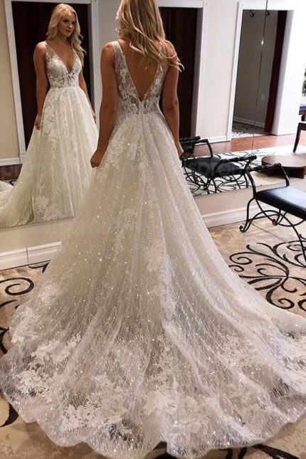 Graceful A-line V-neck Wide Strap Floor Length Wedding Dress