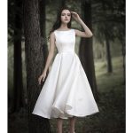 Simple Jewel Neck Tea-Length Chiffon Over Satin Cap Sleeve Dress
