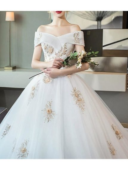 Sophisticated Off-Shoulder Cathedral Train Lace Wedding Dress