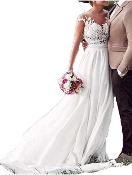 Lovely V-Neck Sweep Train Chiffon Lace Cap Sleeve Wedding Dress
