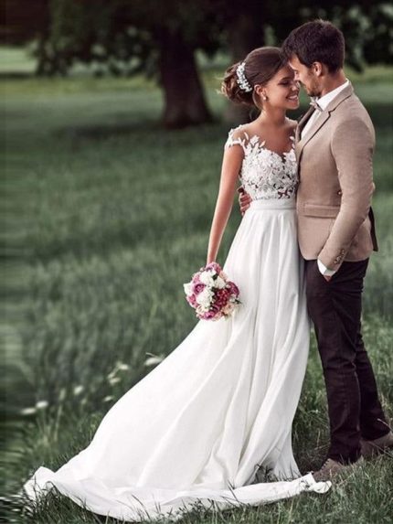 Charming Cap Sleeves Lace Covered Button Wedding Gown