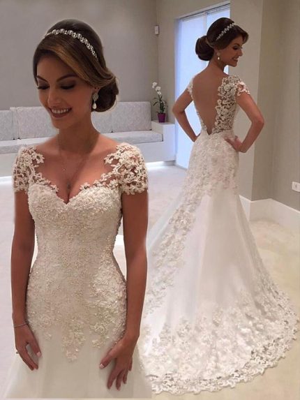 Elegant Mermaid V-Neck Lace Backless Wedding Dress with Sleeves
