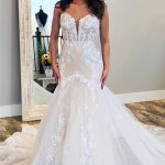 Affordable V-Neck Sleeveless Lace Bridal Gown with Train