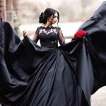 Scalloped Bateau Long Sleeve Illusion Lace Satin A-Line Black Wedding Dress