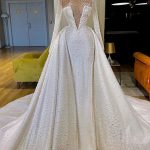 Elegant High Neck Long Sleeves Wedding Dress with Detachable Skirt