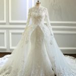 Sophisticated High Collar Wedding Dresses with Long Sleeves and Train
