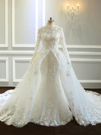 Sophisticated High Collar Wedding Dresses with Long Sleeves and Train