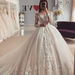 Lovely Ball Gown Floral Lace Tulle A-line Bridal Gown with Long Sleeves