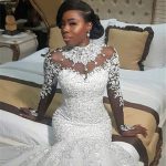 Beautiful Beaded Lace Appliques High Neck Mermaid Wedding Dress