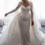 Charming Lace Wedding Dress with Sleeves and Detachable Overskirt