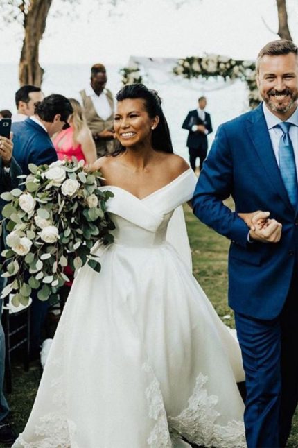 Romantic A-line Satin Bridal Gown with Off-the-Shoulder Design