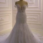 Romantic Off-the-Shoulder Mermaid Bridal Gown with White 3D Lace Applique