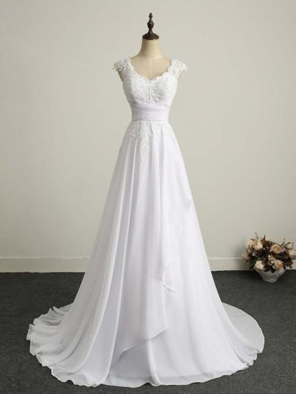 Lovely V-Neck Lace-Up Chiffon Wedding Dress with Appliques