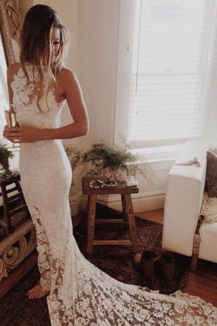 Romantic Lace Open Back Beach Mermaid Wedding Dress with Gorgeous Details