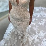 Glamorous Backless Strapless Lace Mermaid Wedding Dress with Cathedral Train