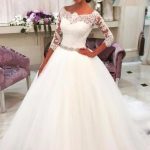 Graceful Ball Gown Bateau 3/4 Sleeve Court Lace Tulle Wedding Dress with Beaded Waistband
