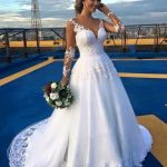 Stunning Ball Gown with Covered Button Illusion Back Chapel Tulle Wedding Dress Beaded