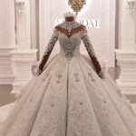 Romantic Ball Gown High Neck Luxurious Train Long Sleeve Sparkle Applique Satin Wedding Dress