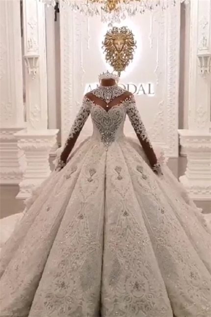 Romantic Ball Gown High Neck Luxurious Train Long Sleeve Sparkle Applique Satin Wedding Dress