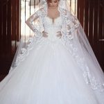 Chic Ball Gown Long Sleeve Cathedral Lace Tulle Wedding Dress with Beaded Embellishments