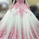 Glamorous Ball Gown New Style Long Sleeve Tulle Prom Wedding Dress with Pink Flowers