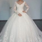 Graceful Ball Gown Queen Anne Neck Long Sleeve Lace Tulle Bridal Dress