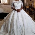 Glamorous Ball Gown Round Collar Long Sleeves Charmeuse Crochet Flower Wedding Dress
