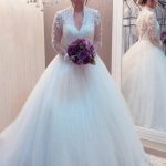 Elegant Ball Gown Scalloped Neck Long Sleeve Sweep Lace Tulle Wedding Dress