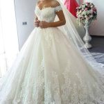 Beautiful Ball Gown Off Shoulder Chapel Train Lace Tulle Wedding Dress