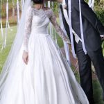 Gorgeous Ball Gown Off Shoulder Lace Long Sleeve Sweep Satin Bridal Dress with Pleats