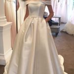 Romantic Ball Gown Off Shoulder Straight Neck Chapel Satin Bridal Dress with Waistband