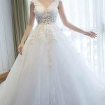 Lovely Ball Gown V-Neck Tulle Court Train Appliques Lace Backless Wedding Dress