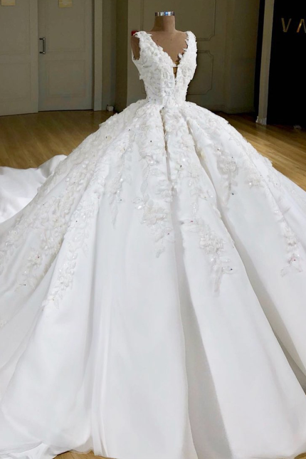 Charming Ball Gown V-Neck Wide Strap Short Train Tulle Applique Wedding Dress