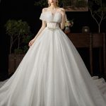 Gorgeous Ball Gown  Princess Silhouette Cathedral Train Off-The-Shoulder Short Sleeves Beaded Bridal Dress